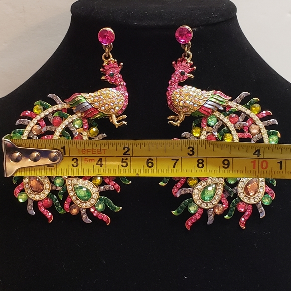 Large Beautiful Rhinestone Peacock Statement Earrings - Picture 9 of 12